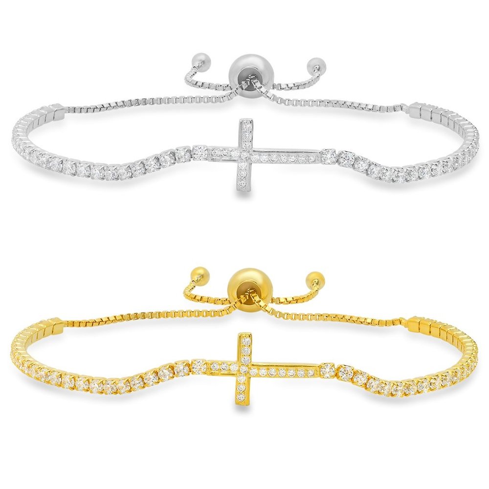 925 Silver/Gold Petite Diamond CZ Cross Adjustable Bracelet
